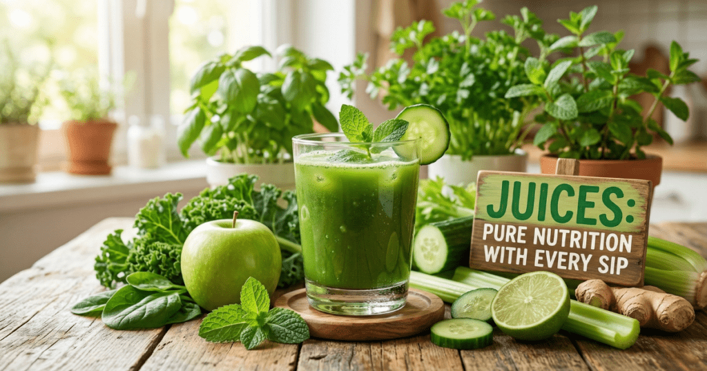 A refreshing glass of vibrant green juice on a rustic wooden table surrounded by fresh kale, green apples, lime, and ginger, featuring a wooden sign that reads "Juices: Pure Nutrition with Every Sip."