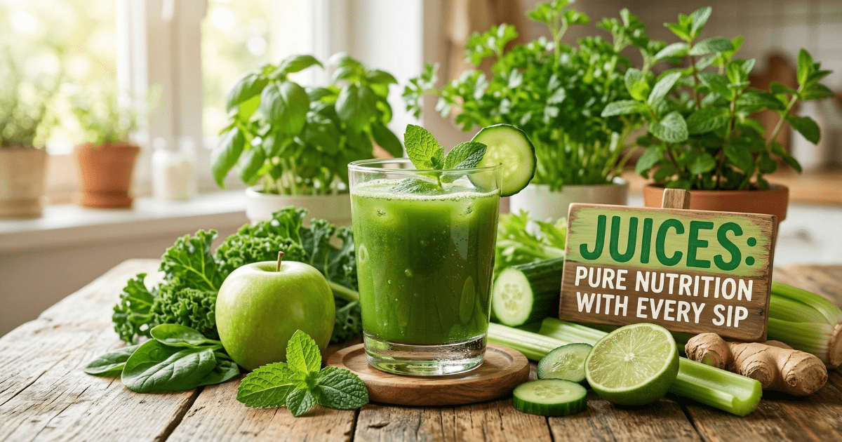 A refreshing glass of vibrant green juice on a rustic wooden table surrounded by fresh kale, green apples, lime, and ginger, featuring a wooden sign that reads "Juices: Pure Nutrition with Every Sip."