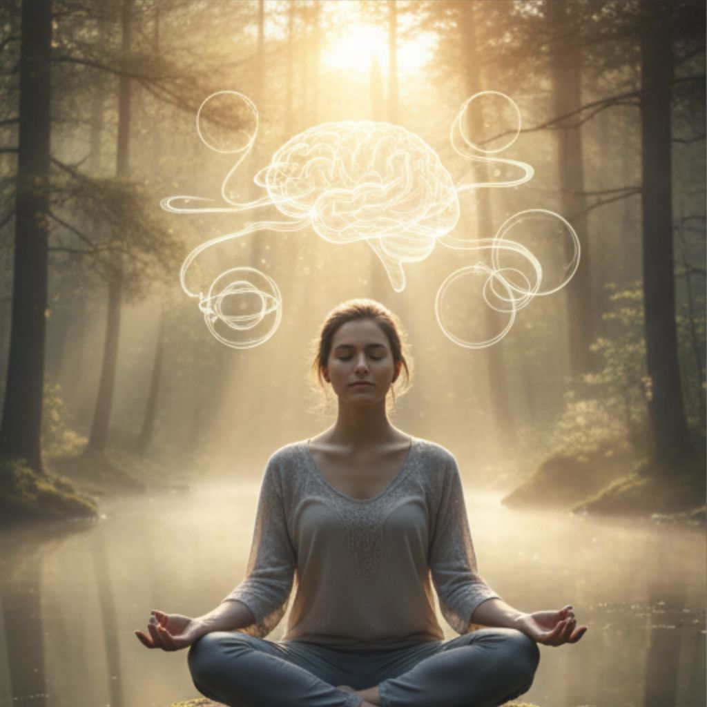 Person meditating in a peaceful forest with glowing brain illustration representing mental clarity and mindfulness