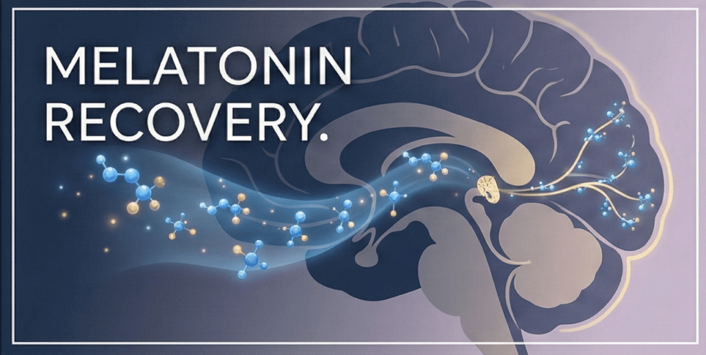 An illustrative graphic of a human brain with a glowing neural pathway and molecular structures, featuring the text "MELATONIN RECOVERY" to represent cognitive restoration.