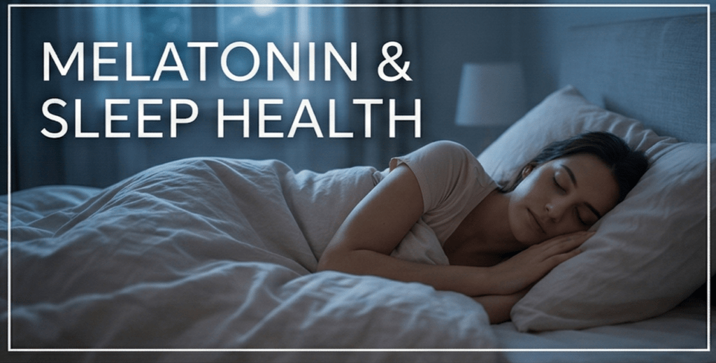 An illustrative graphic of a human brain with a glowing neural pathway and molecular structures, featuring the text "MELATONIN RECOVERY" to represent cognitive restoration.