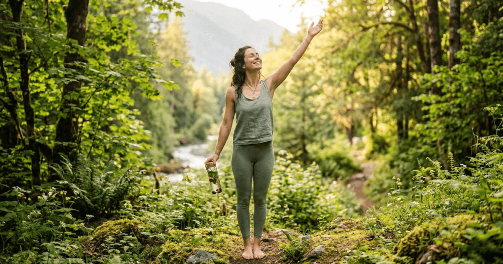 A woman standing in a sun-drenched, lush green forest with her eyes closed and arm raised, holding a glass water bottle infused with herbs, illustrating a "nature powered" approach to daily wellness.