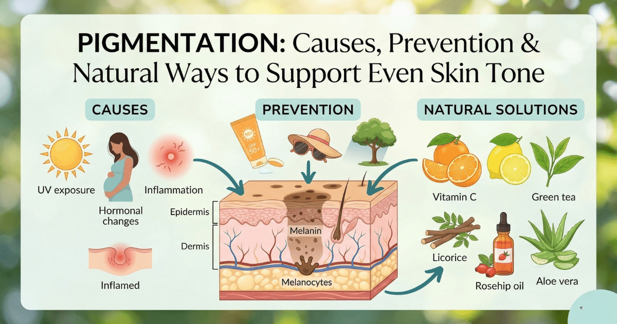 An educational infographic titled "Pigmentation: Causes, Prevention & Natural Ways to Support Even Skin Tone." The graphic includes a cross-section of skin layers showing melanin production, labeled icons for causes like UV exposure and hormonal changes, prevention methods like SPF 50, and natural ingredients such as Vitamin C, Aloe Vera, and Rosehip oil.