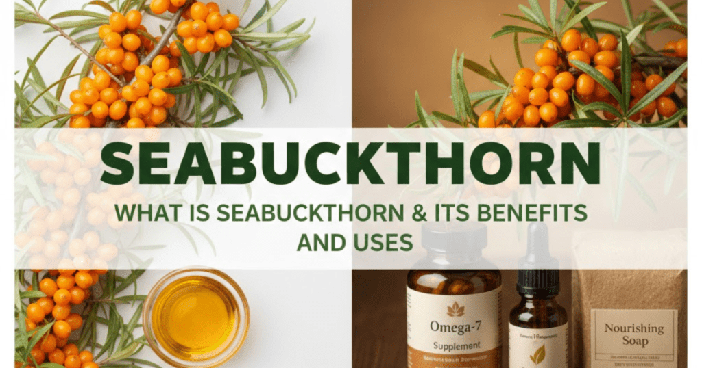 A four-quadrant collage displaying sea buckthorn berries and products. The top two panels show vibrant orange sea buckthorn berries on branches with green leaves. The bottom-left panel features a glass bowl filled with golden sea buckthorn oil. The bottom-right panel shows health and beauty products, including an Omega-7 supplement bottle, a dropper vial, and brown paper packaging labeled "Nourishing Soap." Overlaying the center is the text "SEABUCKTHORN: WHAT IS SEABUCKTHORN & ITS BENEFITS AND USES."
