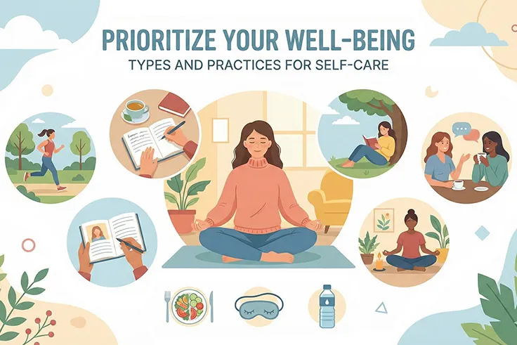 A colorful illustration featuring a central woman meditating, surrounded by circles depicting different selfcare activities: running, journaling, reading under a tree, chatting over coffee, and healthy eating. Icons for sleep and hydration are at the bottom.