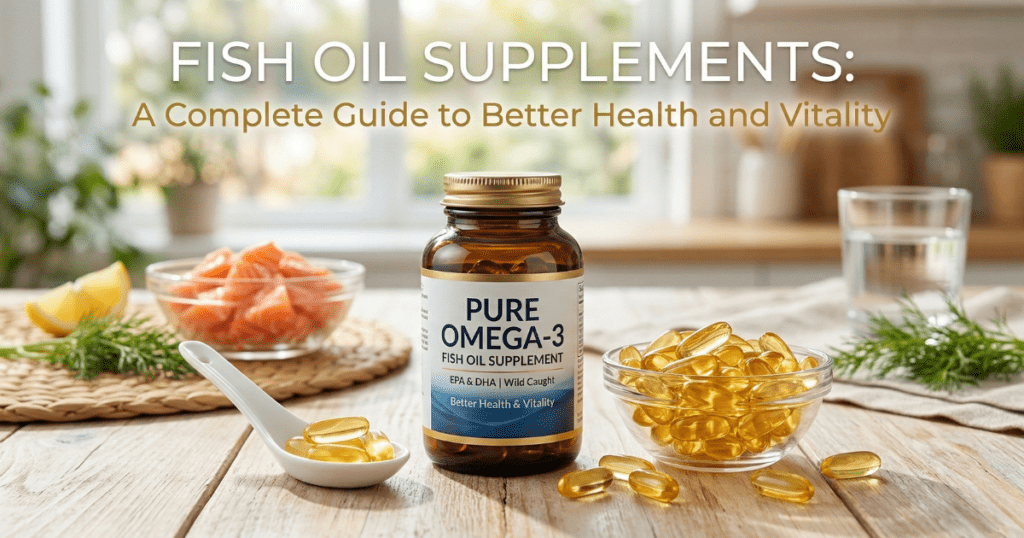 A professional high-quality blog header featuring a bottle of Omega-3 fish oil supplements on a wooden table. The scene includes golden softgel capsules, fresh salmon, and lemon, with the text "Fish Oil Supplements: A Complete Guide to Better Health and Vitality" overlaying the bright kitchen background.
