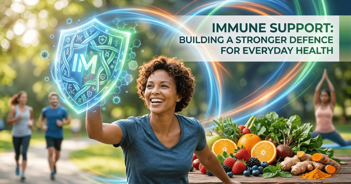 A vibrant blog header showing a woman smiling outdoors with a digital glowing shield, surrounded by fresh fruits, turmeric, and people exercising, titled "Immune Support: Building a Stronger Defence for Everyday Health."