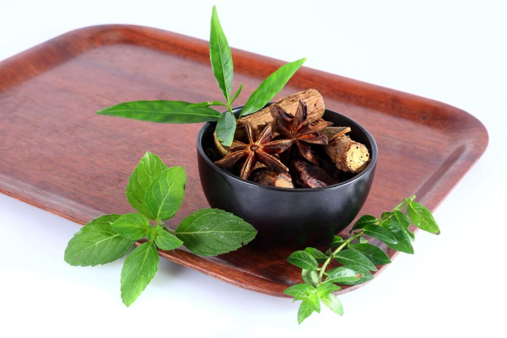 Ayurvedic herbs including cinnamon, star anise, and fresh green leaves in a bowl on a wooden tray representing natural healing and traditional wellness