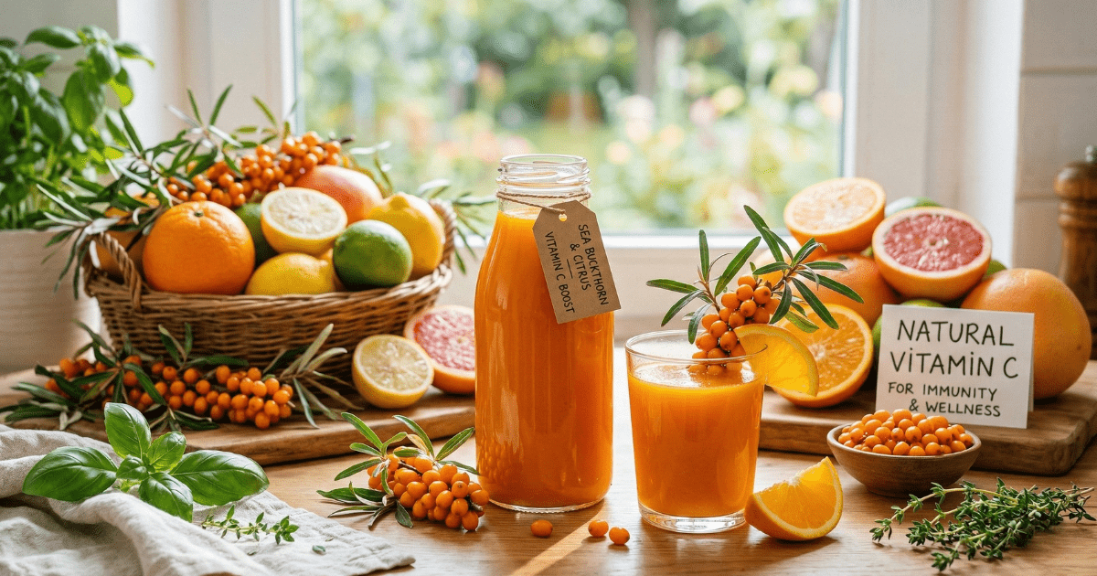 A vibrant bottle and glass of orange sea buckthorn juice surrounded by fresh citrus fruits and sea buckthorn berries on a wooden table, labeled "Natural Vitamin C for Immunity & Wellness."