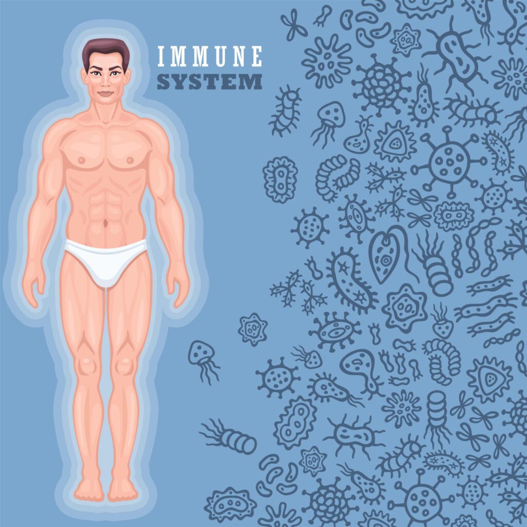 An illustration of a muscular man standing within a glowing blue "shield" or aura, representing the immune system. To his right, a dense swarm of various stylized germs, bacteria, and viruses are shown in dark blue outlines, appearing to be blocked by the protective barrier surrounding his body.