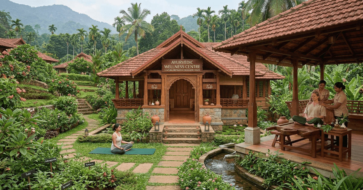 A serene Ayurvedic wellness centre in a lush tropical garden featuring traditional wooden architecture, a woman practicing yoga on a lawn, and a professional massage therapy session under an open-air pavilion.