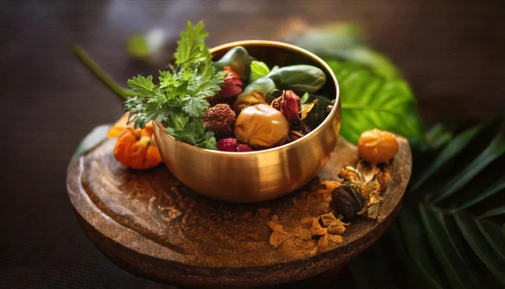 Natural herbs and Ayurvedic ingredients displayed at an Ayur Wellness Center for holistic health treatments