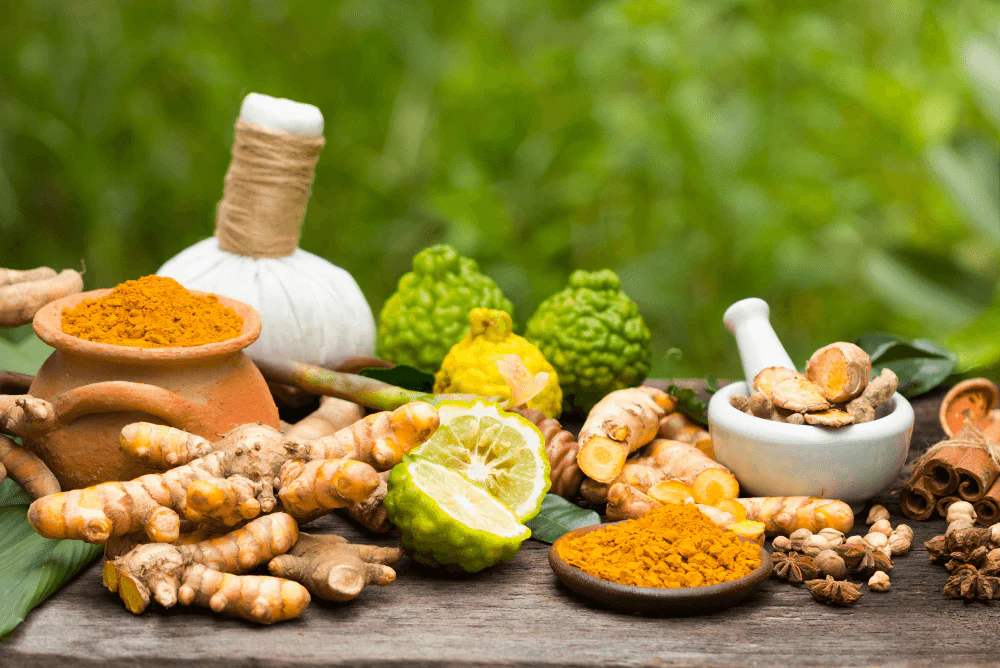 Healthy Ayurvedic diets with fresh vegetables, herbs, and natural ingredients for balanced nutrition