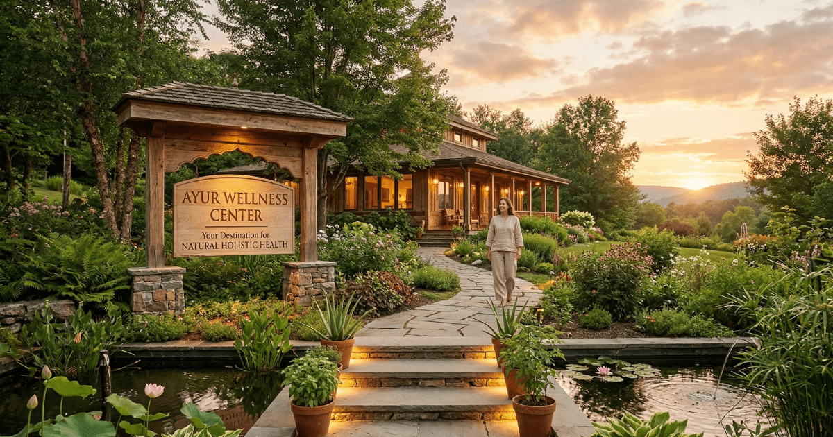 A serene Ayur Wellness Center exterior at sunset, featuring a wooden sign that reads "Ayur Wellness Center: Your Destination for Natural Holistic Health" set in a lush garden with a stone path and lily pond.