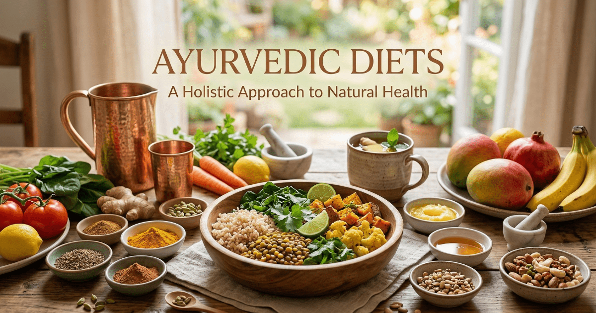 A vibrant overhead view of a holistic Ayurvedic meal including a grain bowl with lentils, turmeric, ginger, fresh fruits, spices in small clay bowls, and a copper pitcher on a rustic wooden table.