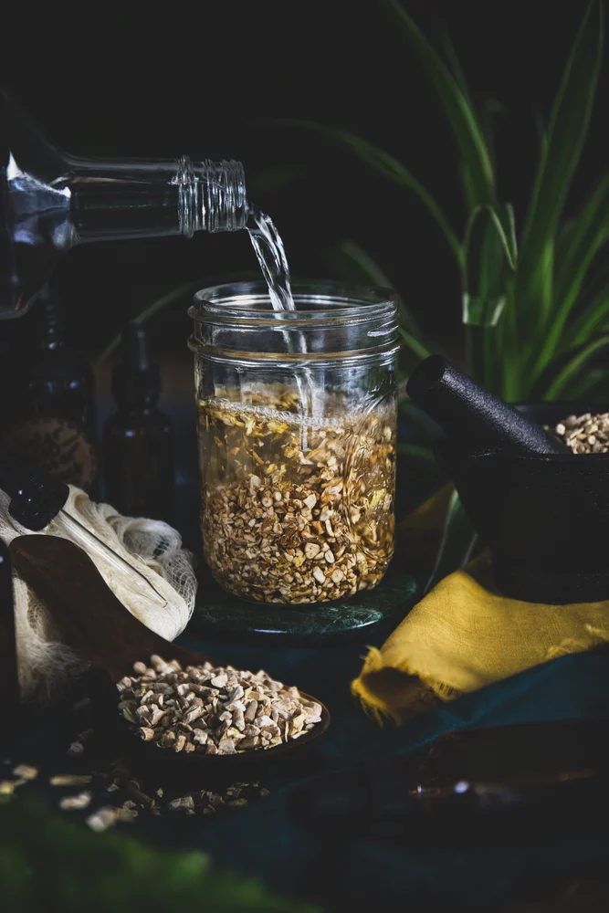 Herbal Medicinal Tonic in a glass bottle with natural healing ingredients