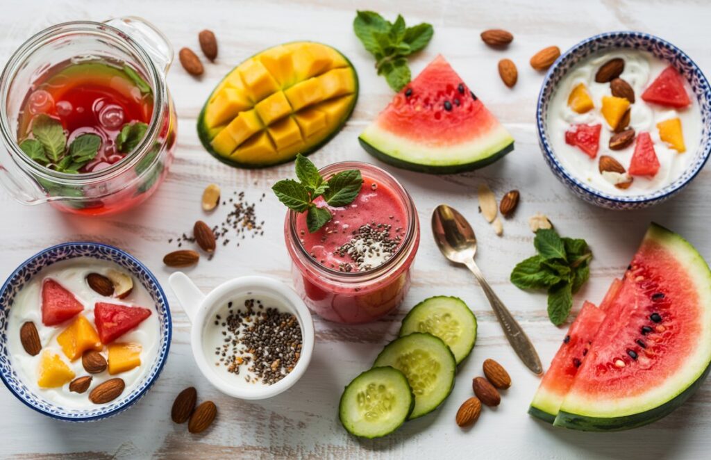 Pitta Imbalance wellness concept with cooling fruits, herbs, and natural ingredients