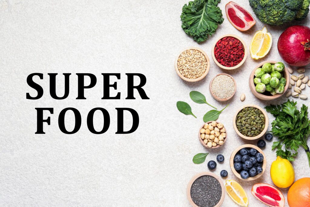 Colorful Superfoods including fruits, seeds, and leafy greens for healthy nutrition