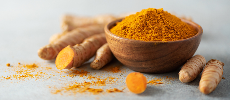 Fresh Turmeric roots and powder displayed on a wooden table for natural wellness