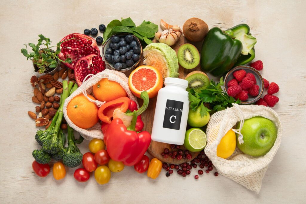 Vitamin C Good for health shown with oranges, lemons, and natural fruits