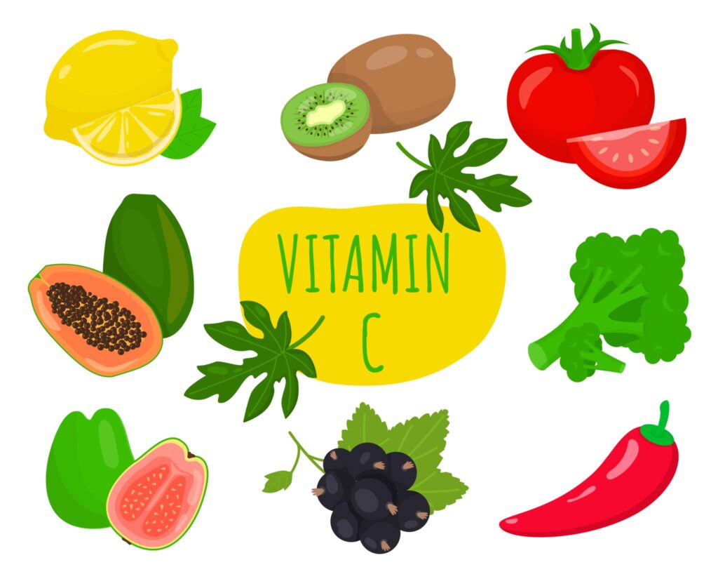 Vitamin C Supplement bottle with oranges and lemons for natural health