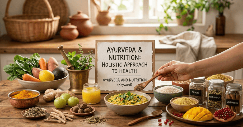 A vibrant, high-quality display of Ayurvedic nutrition featuring a bowl of kitchari, fresh turmeric, ginger, amla, and various spices like cinnamon and cumin on a rustic wooden table. A sign in the center reads "Ayurveda & Nutrition: Holistic Approach to Health."