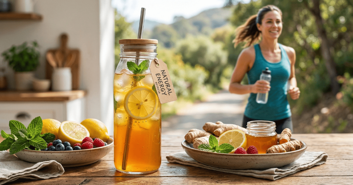 A refreshing glass bottle of iced natural energy drink with lemon and mint, set on a wooden table alongside fresh ginger, turmeric, and berries, with a blurred woman jogging in the sunny background.
