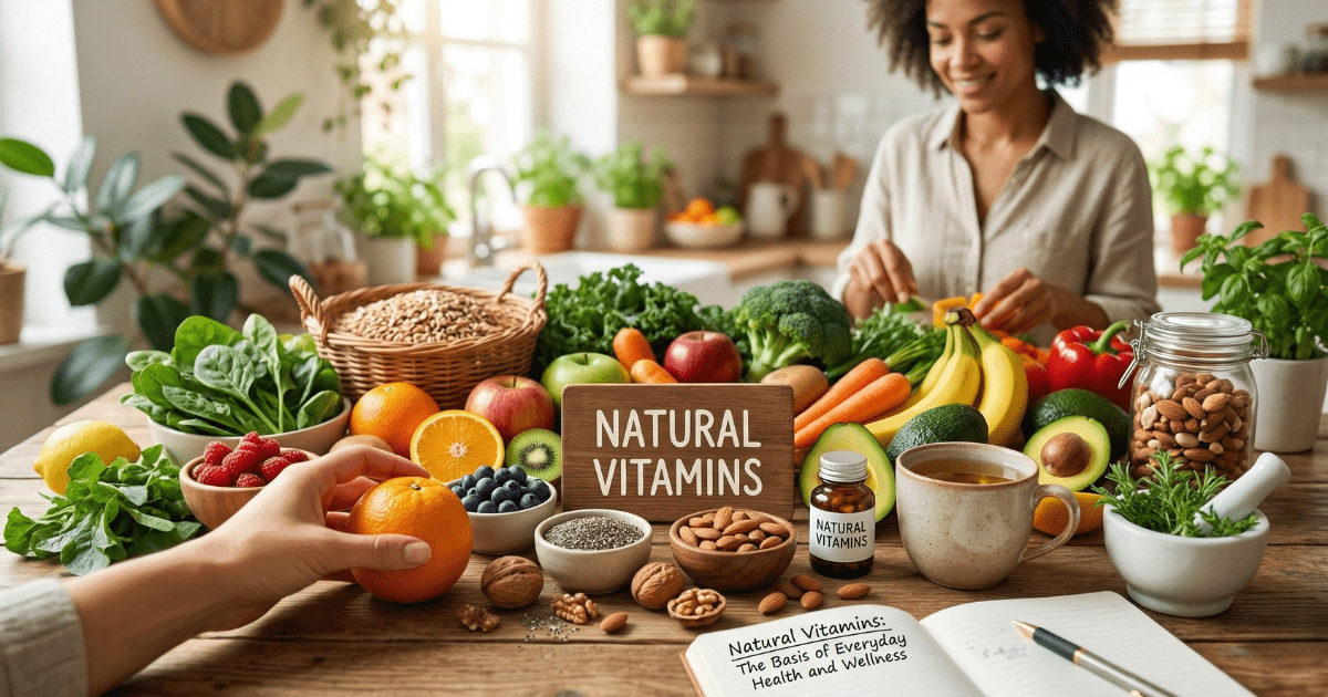 A vibrant, sunlit kitchen counter filled with a variety of fresh whole foods including oranges, berries, leafy greens, avocados, and nuts. A woman in the background is preparing a healthy meal, and a wooden sign reads "Natural Vitamins" alongside an open notebook titled "Natural Vitamins: The Basis of Everyday Health and Wellness."