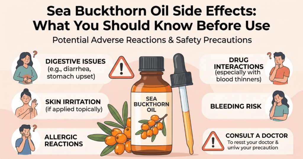 An educational infographic titled 'Sea Buckthorn Oil Side Effects: What You Should Know Before Use' featuring a bottle of oil, berries, and icons illustrating digestive issues, skin irritation, and drug interaction warnings.