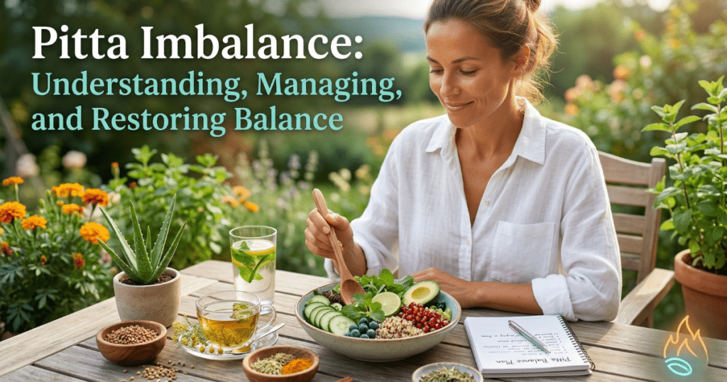 A woman enjoying a cooling Ayurvedic meal in a garden, featuring a bowl of fresh greens, cucumber, and pomegranate, with cooling herbs and aloe vera on the table, illustrating how to manage and restore Pitta imbalance.