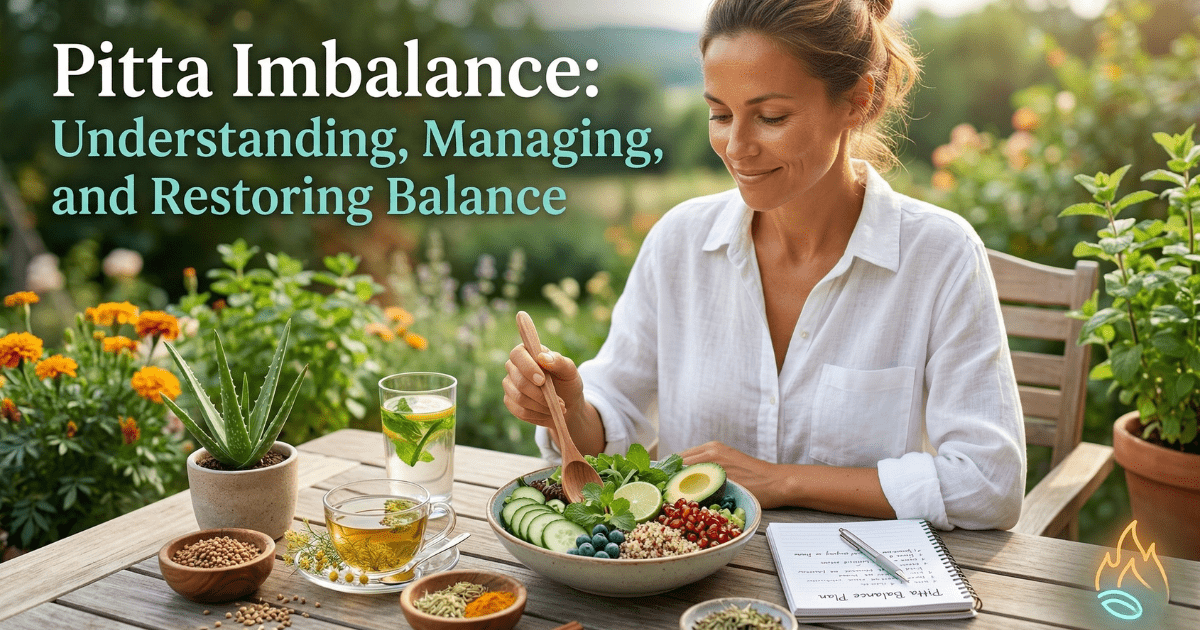 A woman enjoying a cooling Ayurvedic meal in a garden, featuring a bowl of fresh greens, cucumber, and pomegranate, with cooling herbs and aloe vera on the table, illustrating how to manage and restore Pitta imbalance.