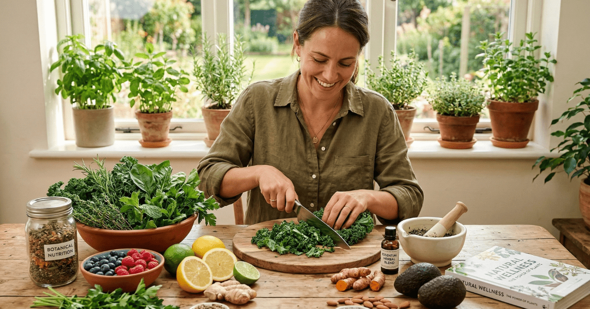 A smiling woman in a sunlit kitchen preparing fresh kale, herbs, and berries on a wooden table, surrounded by potted plants and a book titled "Natural Wellness: The Power of Plants."