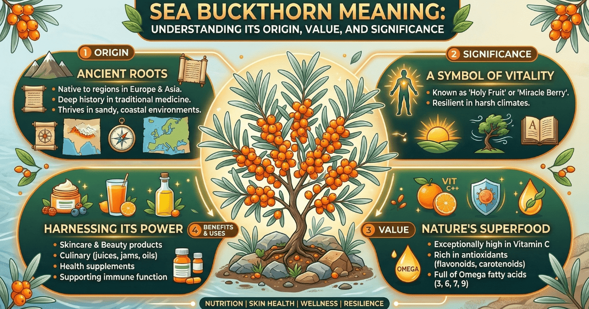 A detailed infographic about sea buckthorn featuring a central berry-laden bush. It includes four sections: "Origin" showing ancient roots in Europe and Asia; "Significance" as a symbol of vitality; "Value" highlighting it as a superfood with Vitamin C and Omegas; and "Benefits" covering skincare and culinary uses.