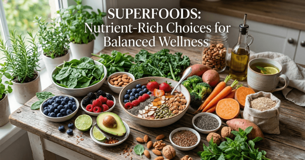 A top-down rustic wooden table filled with an assortment of superfoods including an acai bowl, blueberries, raspberries, avocado, kale, sweet potatoes, nuts, seeds, and green tea, with the text "Superfoods: Nutrient-Rich Choices for Balanced Wellness" overlaid.