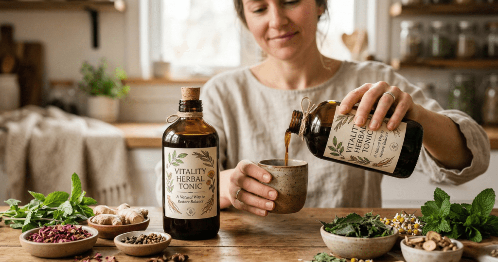 A woman pouring a dark herbal medicinal tonic from a glass bottle into a ceramic cup, surrounded by fresh herbs like ginger, mint, and dried botanicals on a wooden table.