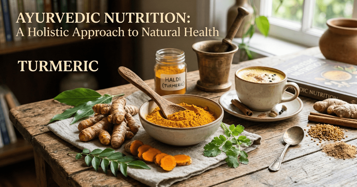 A rustic wooden table featuring fresh turmeric roots, a bowl of bright yellow turmeric powder, and a cup of golden milk, representing Ayurvedic nutrition and holistic natural health.