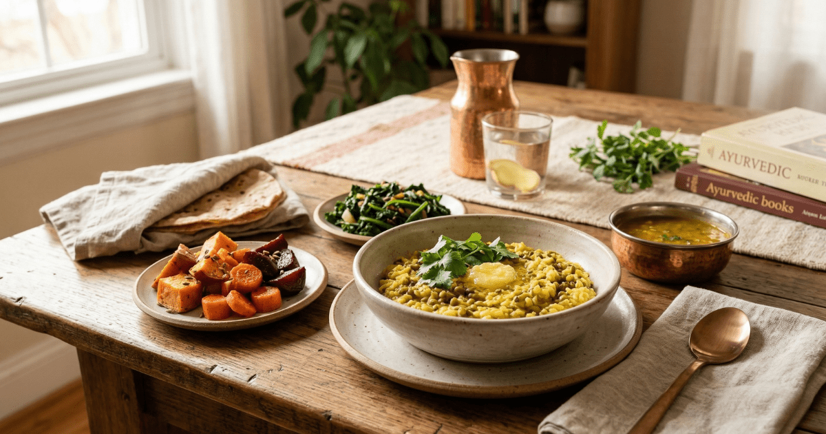 A warm, grounding Ayurvedic meal for Vata balance featuring a bowl of yellow mung dal kitchari topped with ghee, roasted root vegetables, ginger tea, and copper utensils on a rustic wooden table.