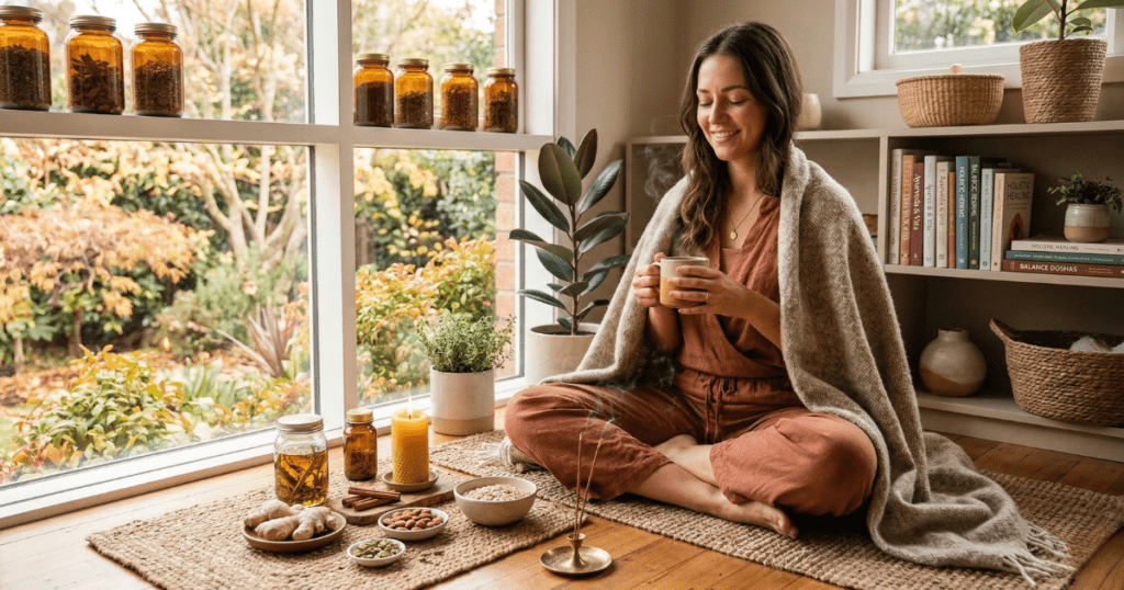 A woman sitting cross-legged on a woven rug in a sunlit room, wrapped in a warm blanket and holding a steaming mug. Beside her are grounding elements like ginger, almonds, incense, and herbal jars, illustrating Ayurvedic Vata-balancing practices.