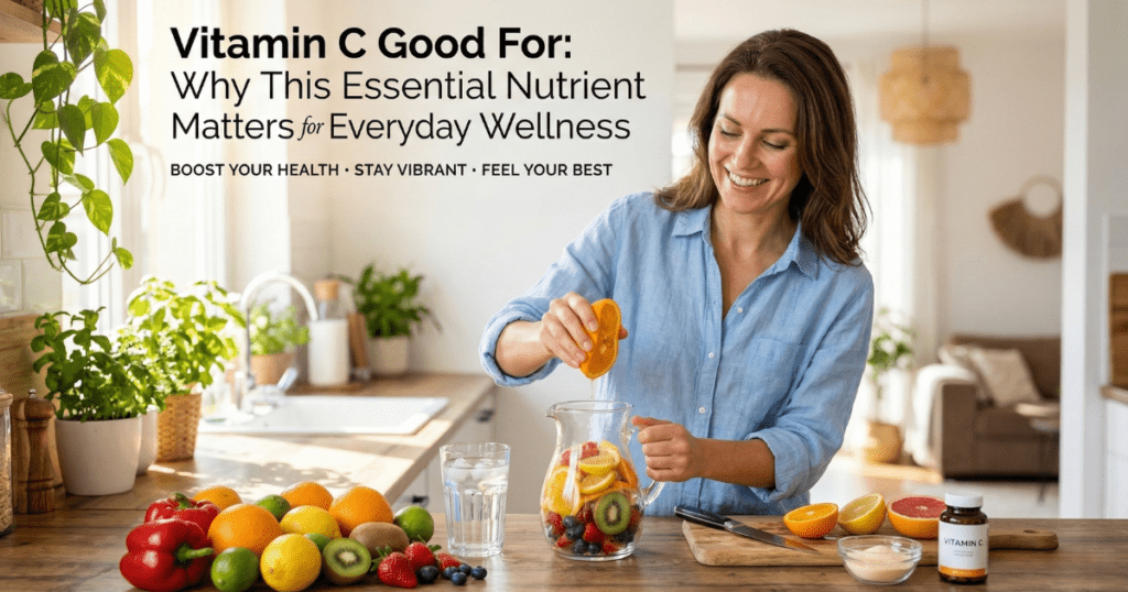 A smiling woman in a bright kitchen preparing a fresh fruit infusion with oranges, lemons, and berries, featuring the text 'Vitamin C Good For: Why This Essential Nutrient Matters for Everyday Wellness'.