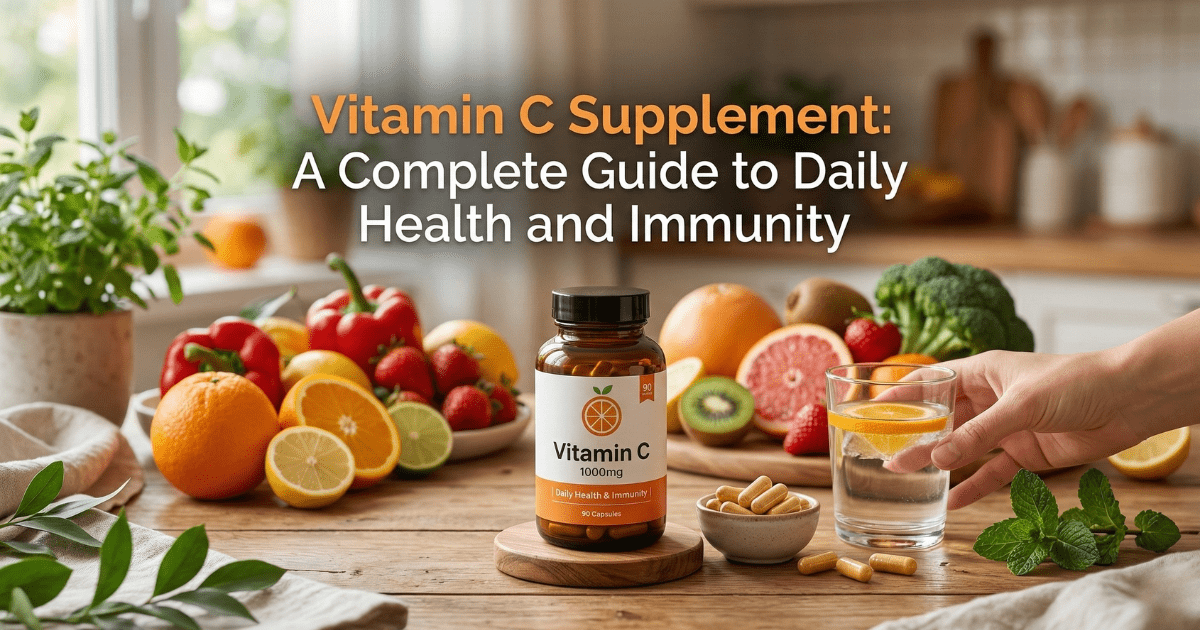 A bottle of Vitamin C supplements on a wooden table surrounded by fresh oranges, lemons, and kiwis, with the text "A Complete Guide to Daily Health and Immunity."