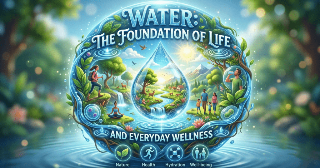 A vibrant 3D illustration featuring a large, central crystal-clear water drop. Inside and around the drop are scenes of nature, a person practicing yoga, a family walking, and someone drinking water. The text "Water: The Foundation of Life and Everyday Wellness" is integrated into the artistic, aquatic design.