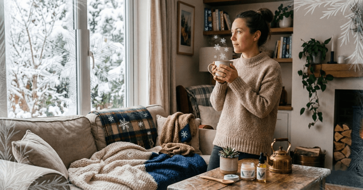 A cozy indoor scene featuring a woman in a warm sweater holding a steaming mug by a snowy window. The image includes winter graphics like snowflakes and pine branches, with wellness items like herbal balm, essential oils, and a brass kettle on a rustic wooden table.